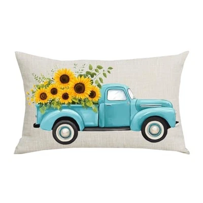 Acuarela Amarillo Girasoles Azul Camioneta Verano Hogar Sofá Silla Cama  Foto 1 de 3