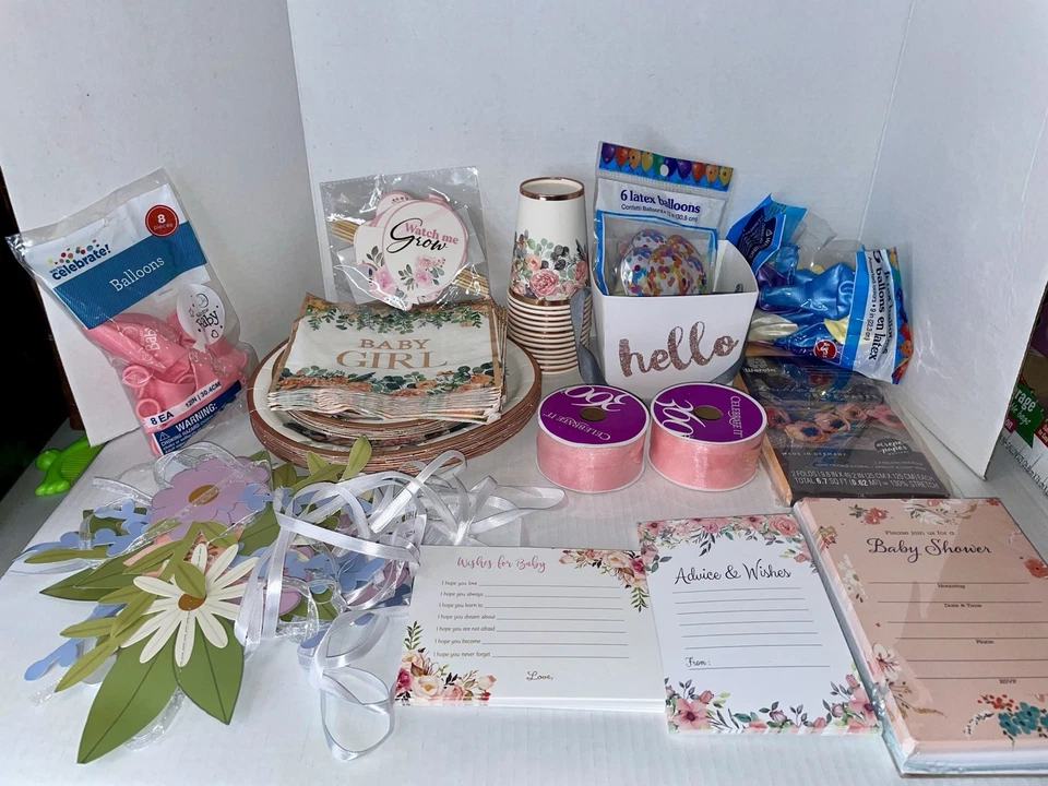 Juego de ducha para bebé niña platos florales servilletas tazas invitaciones globos oro rosa Foto 1 de 4