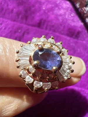 Fashion Ring Size 5.75 Prong Set Crystal Baguettes Central Simulated Sapphire  ￼ - Image 1 of 4