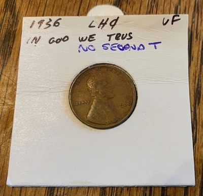 1936 P ERROR LINCOLN WHEAT PENNY WITH NO TRUST SECOND T - NICE DETAIL -ESTATE - Image 1 of 4