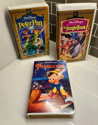 3 Set Of Disney VHS Classics Black Diamond Jungle Book, Peter Pan and Pinocchio  - Image 1 of 2
