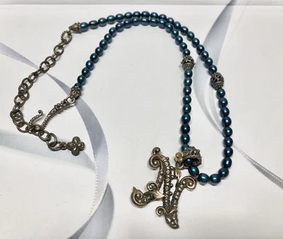 BARBARA BIXBY 纯银 18K 黄金首字母 N 吊坠蓝色珍珠项链 — 第 1/4 张图片