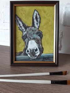 Pintura al óleo original de burro curioso enmarcada 5 x 7 arte de burro retrato de burro - Imagen 1 de 9