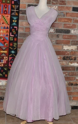 Vintage 50s Pink Ruched Tulle Layer Crinoline Grad Prom Gown Dress XS Waist 24" - Image 1 of 4