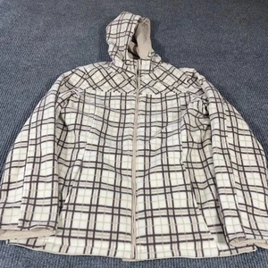 Izod Jacket Womens Large Beige Plaid Fleece Reversible Hooded Pockets Outdoors - Picture 1 of 18