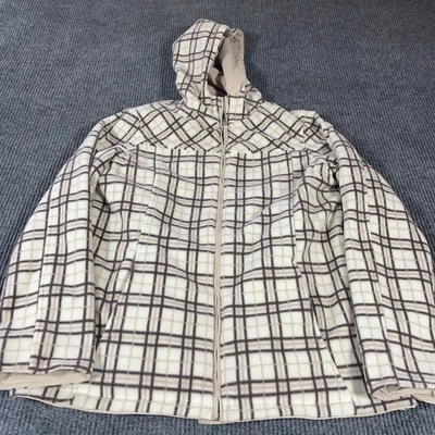 Izod Jacket Womens Large Beige Plaid Fleece Reversible Hooded Pockets Outdoors - Image 1 of 4