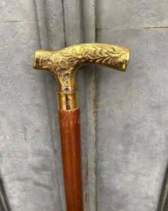 Classic Brass T-Shape Golden Head Handle Wooden Cane Walking Stick Handmade Gift - Picture 1 of 6