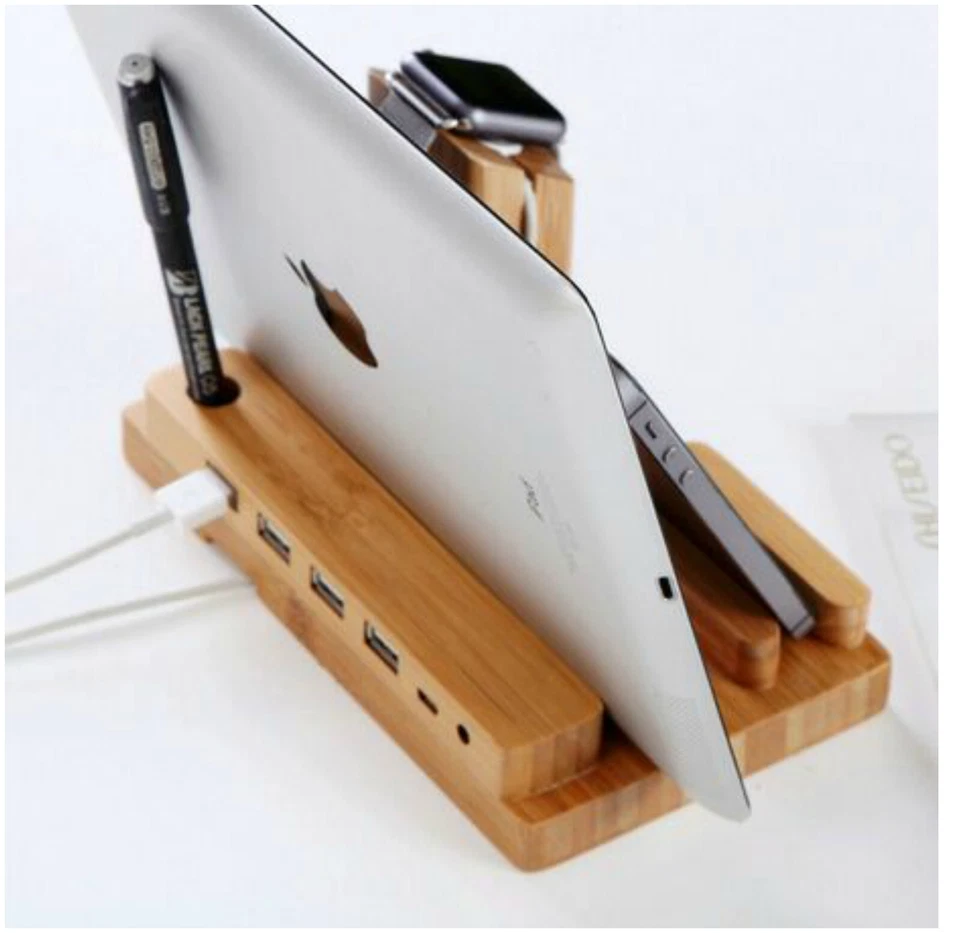 4 Port USB Wooden Charging Stand Dock Station Hub For iPhone iWatch Samsung iPad - Image 1 of 4