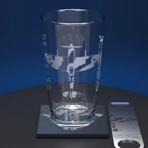 Spitfire Engraved Pint Glass Gift Set, with Slate Coaster & Bottle Opener - Picture 1 of 4