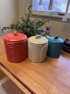 Shadle Set3 Ceramic Storage Container Art Deco Vintage Orange Yellow Turquoise - Picture 1 of 5
