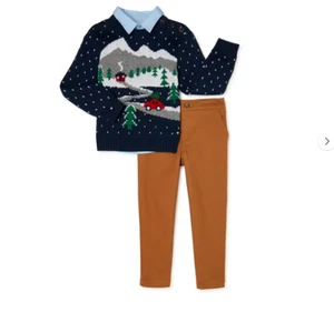 New Baby Boy 3/6 Months 3 piece Winter Outfit Sweater Set Pants Blue Shirt - Picture 1 of 2