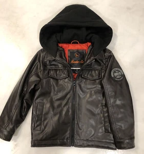Giacca ecopelle marrone HAWKE & CO Outfitter con cappuccio ragazzo taglia 6 fodera trapuntata - Foto 1 di 7