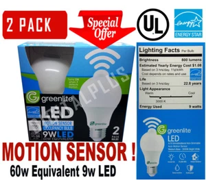 2 Motion Sensor Occupancy LED Bulbs 60w Equivalent 9w 3000k Bright White A19 E26 - Picture 1 of 6