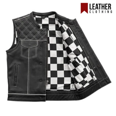 Men's Leather Vest White Checker & White Paisley Lining Concealed Waistcoat - Image 1 of 4