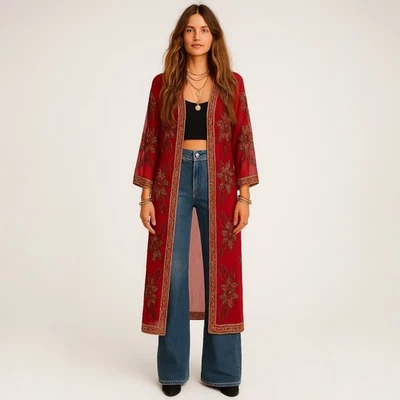 Midnight Velvet Beaded Sequin Duster XL Red Floral SHEER Side Split Fairy Kimono - Image 1 of 4