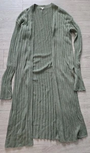 FREE PEOPLE Rib Linen Blend Long Open Front Cardigan Women M Green Duster Slits - Picture 1 of 4
