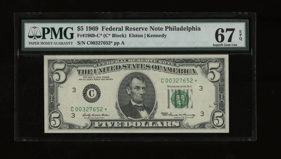 DBR 1969 $5 FRN Philadelphia STAR Fr. 1969-C* SupGem PMG 67 EPQ Ser # C00327652* - Image 1 of 2