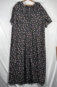 Vintage 90s Black Floral Short Sleeve Full Length Button Up Dress Size 2X? - Picture 1 of 8