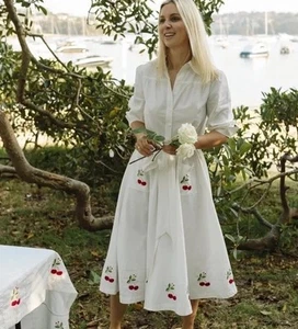 Binny Dress Midi White Size AU 8 /US 4 Shirt Linen Blend Embroidered Cherries - Picture 1 of 24