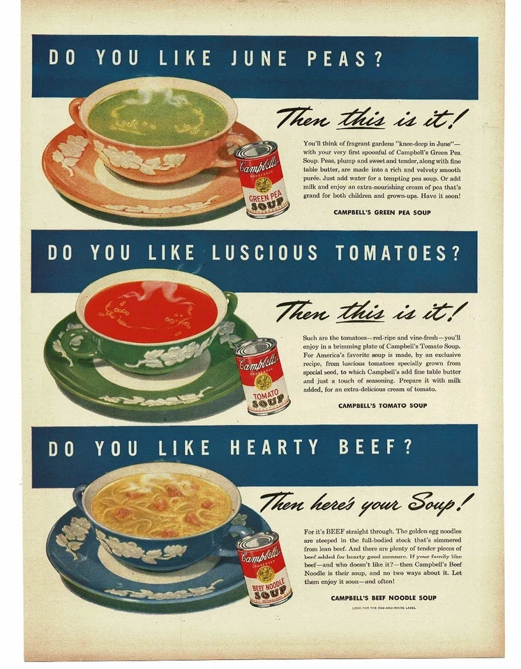 1946 Campbell's Green Pea Tomato Beef Sopa de Macarrão Impressão Anúncio - Imagem 1 de 1