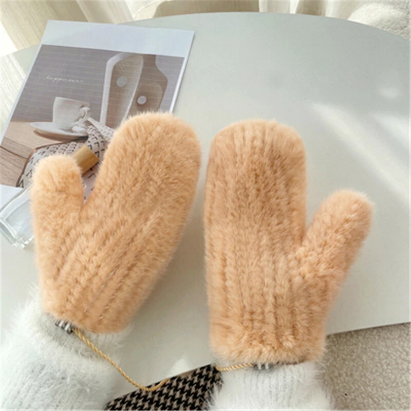 Women's Double Side Real Mink Fur Gloves Warm Knitted Elastic Mittens W String - Image 1 of 4