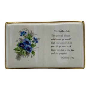 Vintage Ceramic Open Book Prayer Planter Blue Flowers The Golden Rule Matthew - Picture 1 of 11