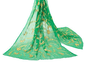 Sushila Vintage Green Dupatta Pure Chiffon Silk Zari Embroidered Long Stole Veil