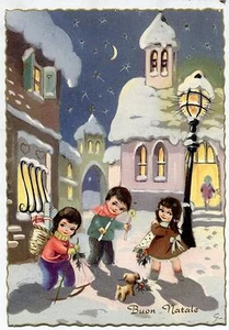 Kids Art signed GALBIATI Childrens Dog Snow Xmas Vintage PC Circa 1950 A - Picture 1 of 1