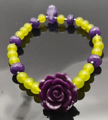 Purple Rose Enhanced w/Peridot Amethyst Beads & Nugget Beaded Bracelet 7.5" - Image 1 of 4