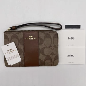 COACH Corner Zip Wristlet Brown True Red Signature Canvas Saddle F58035 NWT - Picture 1 of 12