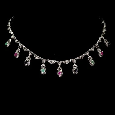 925 Sterling Silver Necklace Oval Ruby Emerald Sapphire Natural Gemstone Jewelry - Image 1 of 4