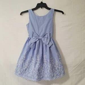 Rare Editions Girls' Sleeveless Dress Size 10  Blue & White With Bow & Tie Back - Picture 1 of 11
