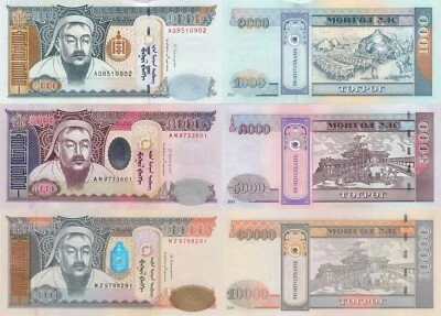 Mongolia 3 PCS Set: 1000, 5000, 10000 Tugrik (2013/2014), p-67c, p-68c, p69c UNC - Image 1 of 4