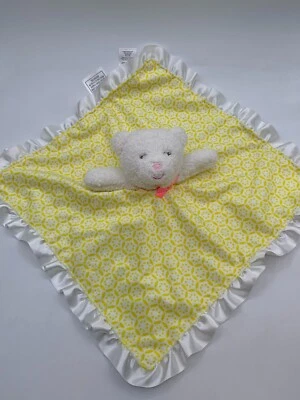 CARTER'S White Satin Sherpa TEDDY Bear Yellow Rattle Security Blanket Lovey Bow - Image 1 of 4