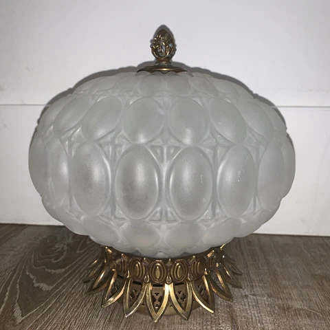 Antique Light French Art Deco Shade Frosted Quilted Ceiling Fixture Metal Brass Cover