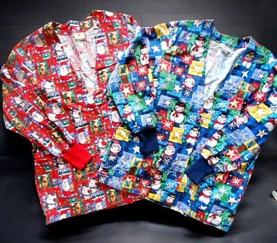 2 Holiday Scrub Tops Christmas Long Sleeve Button Medical Coat Snowman Reindeer - Image 1 of 4