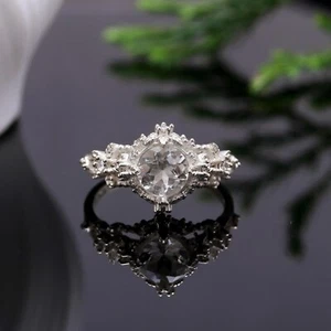 Art Deco Solitaire Moissanites 14K White Gold Plated 925 Silver Engagement Ring - Picture 1 of 4