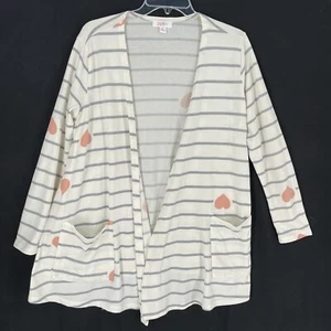 LulaRoe Caroline Cardigan Size Medium Beige Grey Stripes Pink Hearts Teacher - Picture 1 of 7