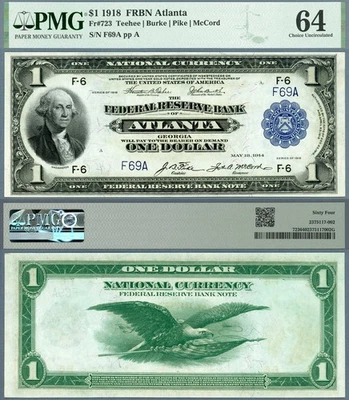 1918 $1 Federal Reserve Bank Note "Atlanta" FR-723 Low Fancy Two Digit S/N F69A - Image 1 of 3