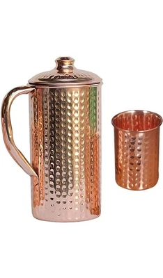 Pure Copper Hammered Water Jug with Lid and Glass–Traditional Handcrafted Design - Image 1 of 4