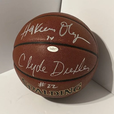 Hakeem Olajuwon & Clyde Drexler Signed Spalding Basketball Silver Autograph JSA - Image 1 of 4