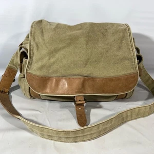 Vtg L.L. Bean Leather Canvas Crossbody Bag Satchel Messenger Field Bag Flap Tan - Picture 1 of 13