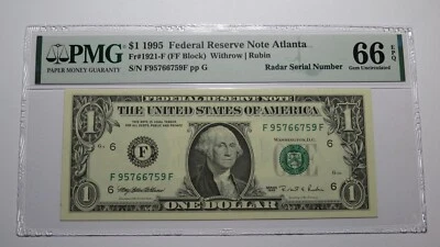 $1 1995 Radar Serial Number Federal Reserve Currency Bank Note Bill PMG UNC66EPQ - Image 1 of 2