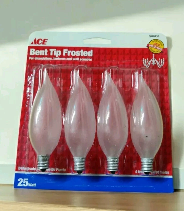 ACE BENT TIP FROSTED 25W Incandscent LIGHT BULBS CANDELABRA BASE  - Image 1 of 1