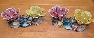 PAIR VINTAGE CAPODIMONTE ROSE Flowers Stamped With Blue CROWN & N Porcelain - Picture 1 of 12