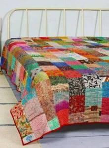 Boho Quilted Handmade Reversible Coverlet Summer Bedding Hippie Quilt - Picture 1 of 3