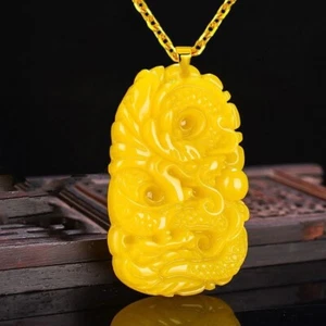 18K Gold Filled Over Silver Mens 24" Yellow Jade Dragon Pendant Necklace D904 - Picture 1 of 5