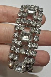 By Crown Gale Fancy Wide Glass Rhinestone Silver tone 7" Tennis Vintage Bracelet - Picture 1 of 10