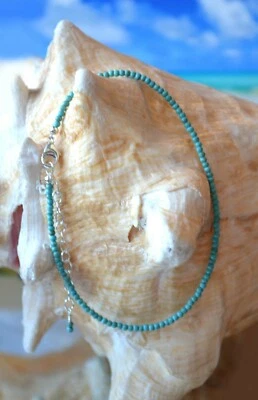 3mm Turquoise Bead Anklet made with .925 Sterling Silver 7 to 8 Inches - Image 1 of 4
