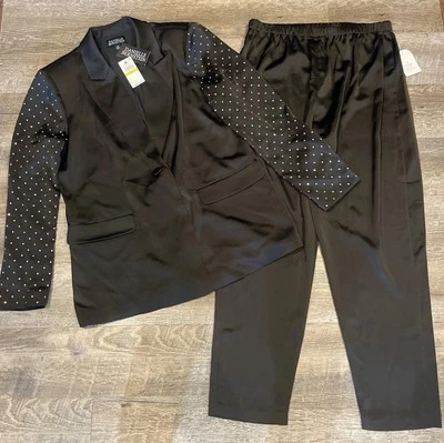 Danielle Bernstein Crystal Studded Satin Blazer Jacket M Suit Set Satin BlackNEW - Image 1 of 4